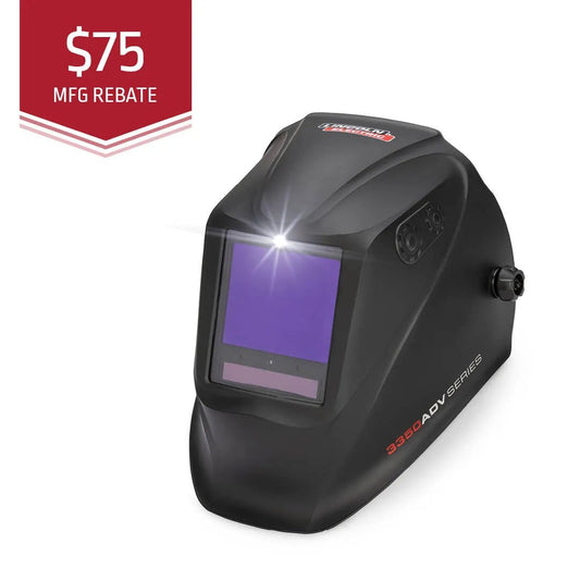 The Lincoln VIKING 3350 ADV Black Welding Helmet - K3034-5 stands upright, featuring a large auto-darkening lens and side adjustment knobs. A bold red $75 MFG REBATE banner appears in the top left corner.