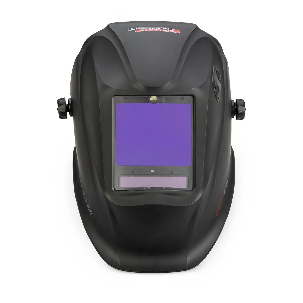 The Lincoln VIKING 3350 ADV Black Welding Helmet - K3034-5 features a large auto-darkening lens, side adjustment knobs, and a smooth matte finish for optimal face and eye protection during welding tasks.
