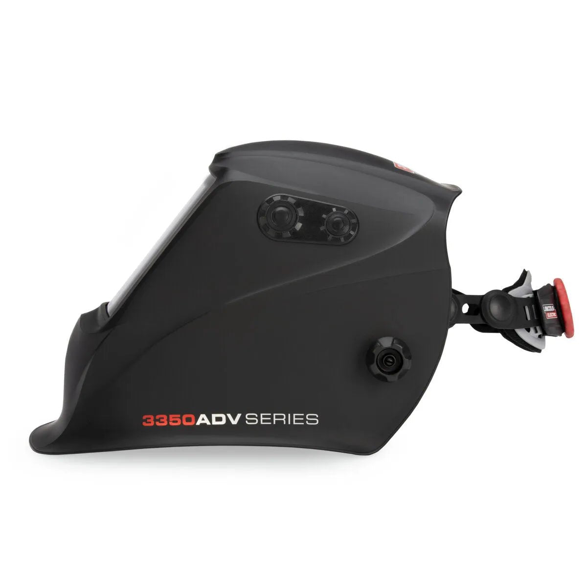 The Lincoln VIKING 3350 ADV Black Welding Helmet - K3034-5 features a matte finish, side-mounted adjustment knob, head strap, clear auto-darkening lens, and 3350 ADV SERIES label in white and red on the side, plus control buttons above the lens.
