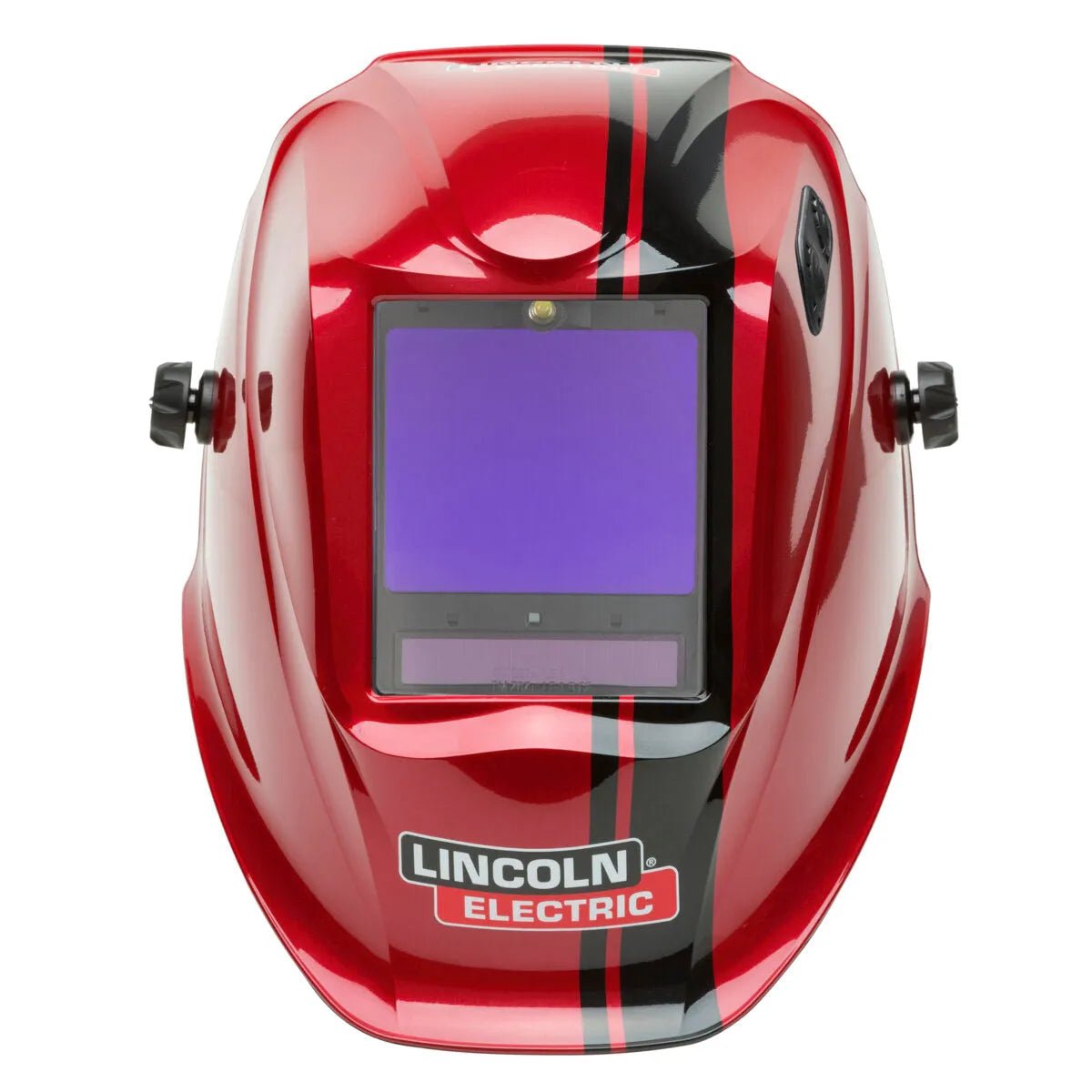 The Lincoln VIKING 3350 ADV Code Red Welding Helmet (K4034-5) features a red and black design, large auto-darkening lens with 4C Lens Technology, prominent Lincoln Electric logo, adjustment knobs, and a stylish black racing stripe.