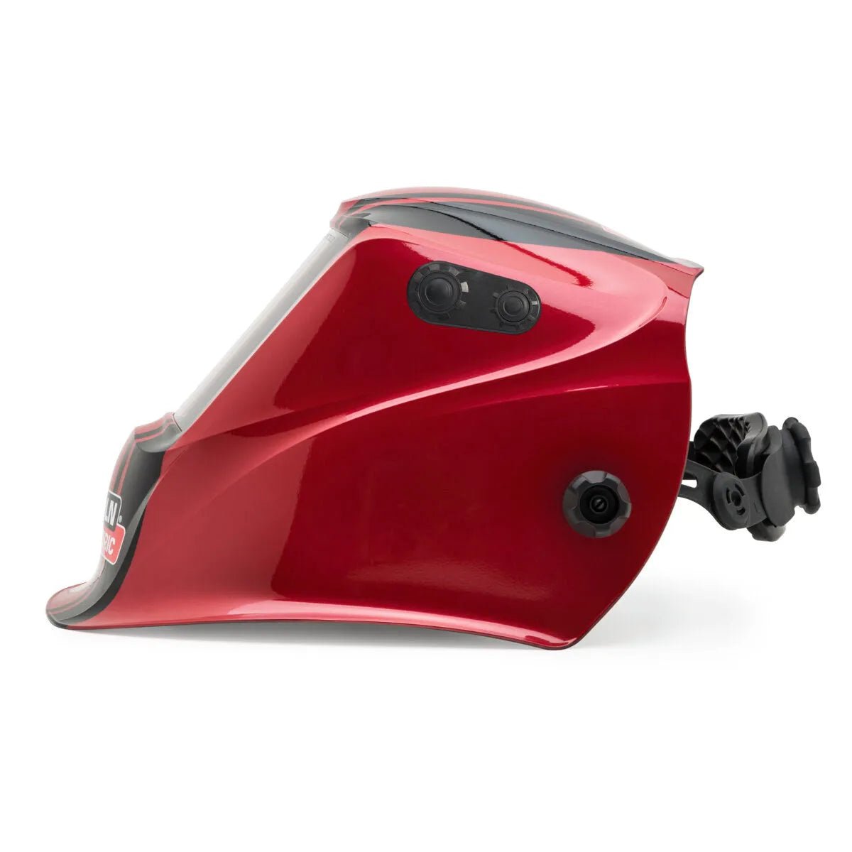 A Lincoln VIKING 3350 ADV Code Red Welding Helmet (K4034-5) is shown in profile on a white background, featuring a large auto-darkening lens, two side adjustment knobs, and a black adjustable head strap on its glossy red surface.