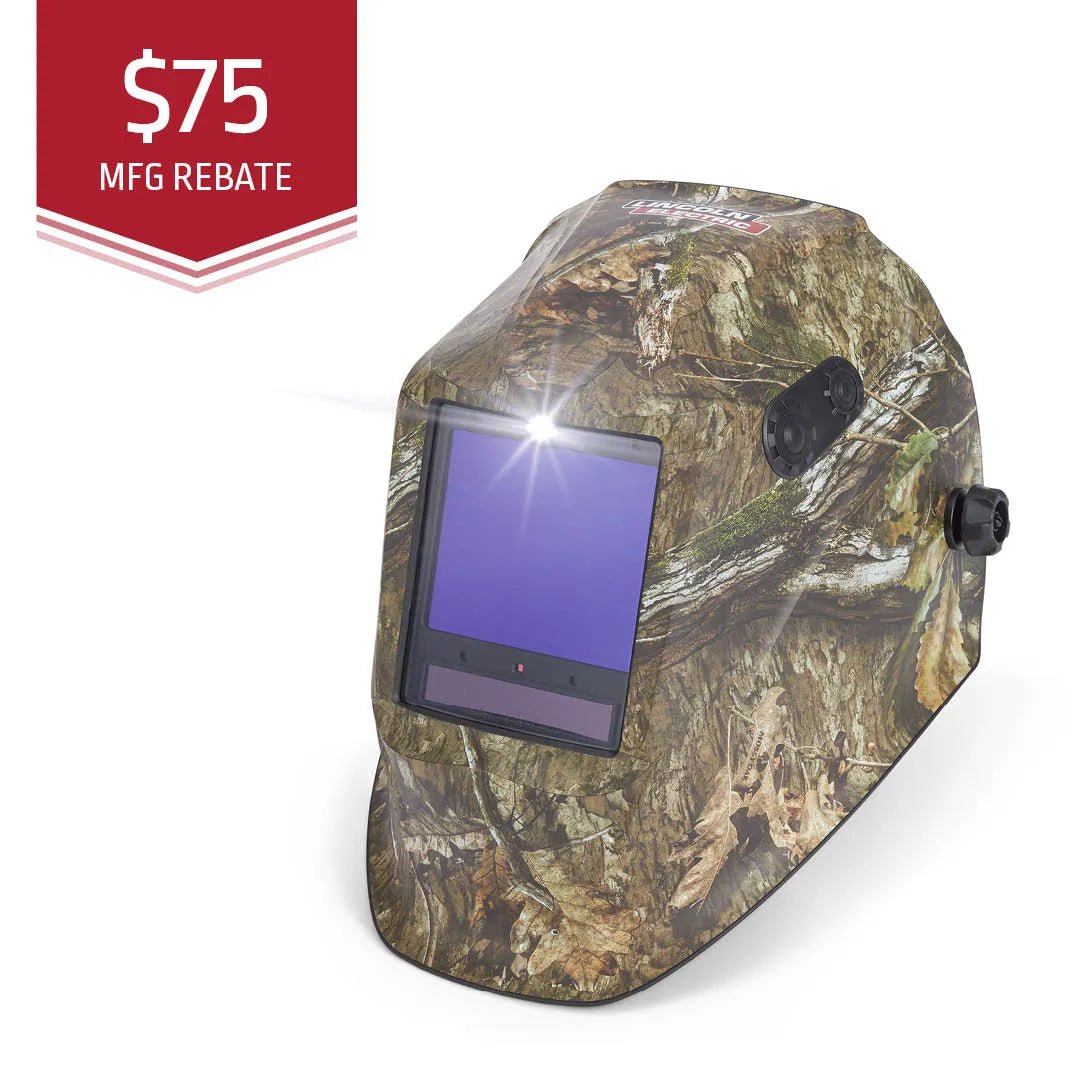 The Lincoln VIKING 3350 ADV Mossy Oak Country DNA Welding Helmet (K5423-5) is pictured with a camo pattern, large auto-darkening lens, visible adjustment knobs, and a red $75 MFG REBATE banner at the top left. Glare appears on the viewing window.
