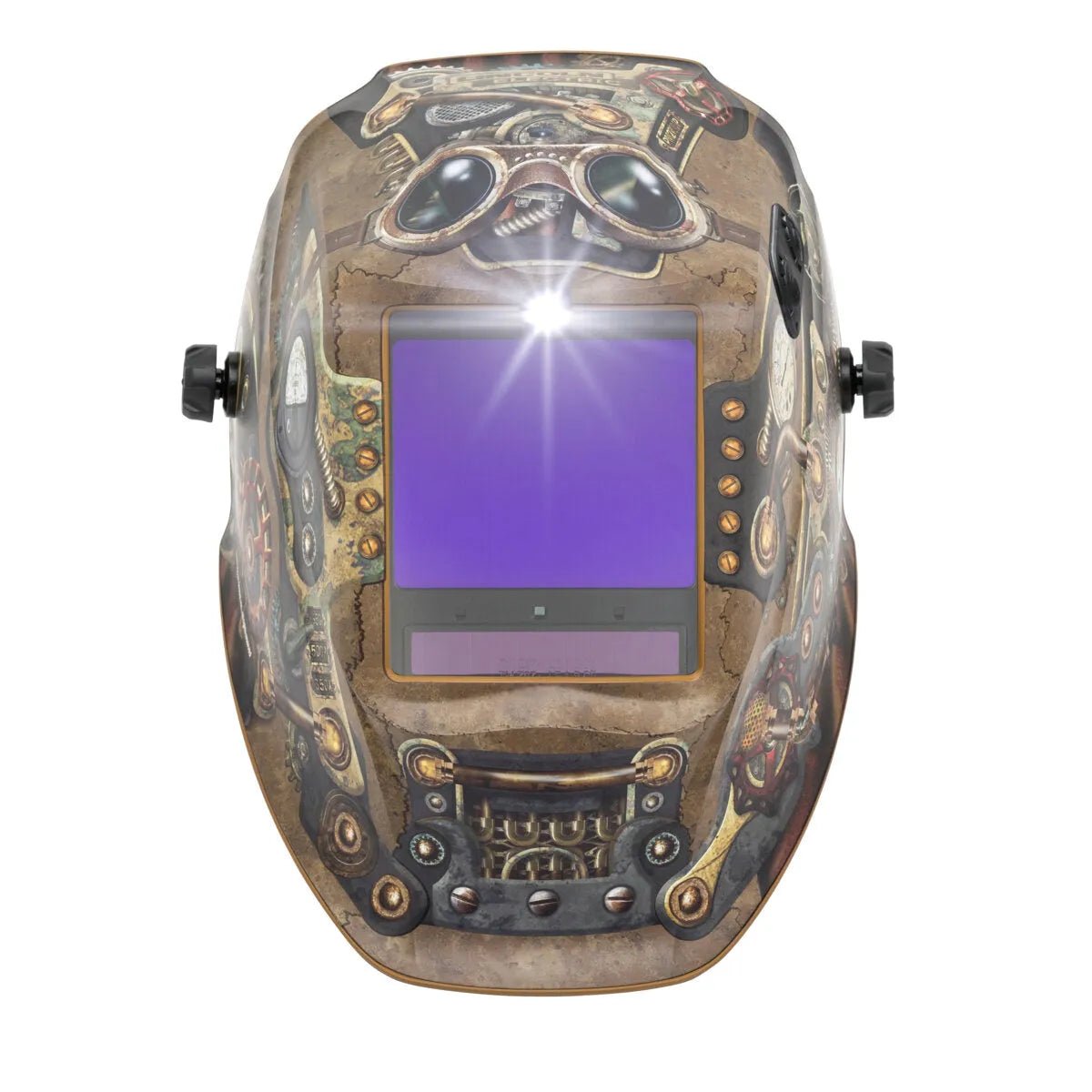 The Lincoln VIKING 3350 ADV Steampunk Welding Helmet - K3428-5 boasts a vibrant steampunk design with gears and pipes, an auto-darkening lens for clear visibility, side adjustment knobs for comfort, and a bright light at the lens top.