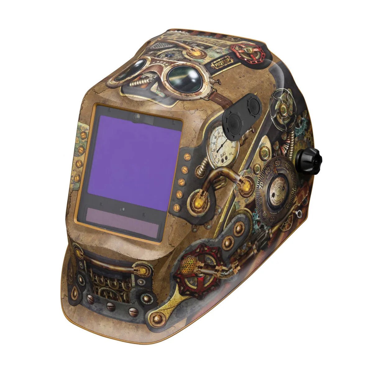 The Lincoln VIKING 3350 ADV Steampunk Welding Helmet (K3428-5) boasts 4C Lens Technology, bronze/brass/copper gears and gauges, a purple-tinted rectangular window, and intricate mechanical artwork across the entire helmet.