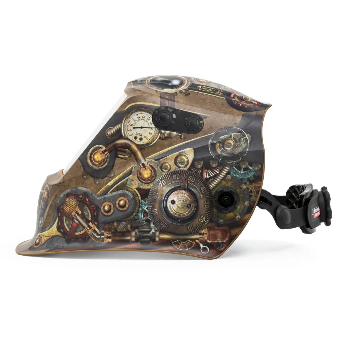The Lincoln VIKING 3350 ADV Steampunk Welding Helmet - K3428-5 features detailed gears, dials, and brass accents, a rear camera mount, and advanced 4C Lens Technology for superior vision.
