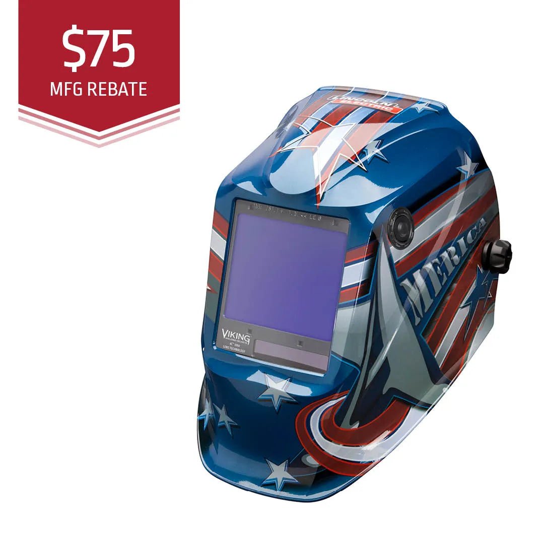 The Lincoln VIKING 3350 All-American Welding Helmet (K3175-4) features a blue patriotic design with white stars and red-white stripes, an auto-darkening lens, and a red $75 MFG REBATE badge in the top left corner.