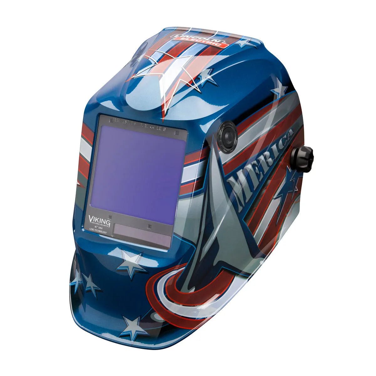 The Lincoln VIKING 3350 All-American Welding Helmet - K3175-4 features a blue shell, large auto-darkening rectangular lens, and stars-and-stripes design with partial “America” text inspired by the American flag.