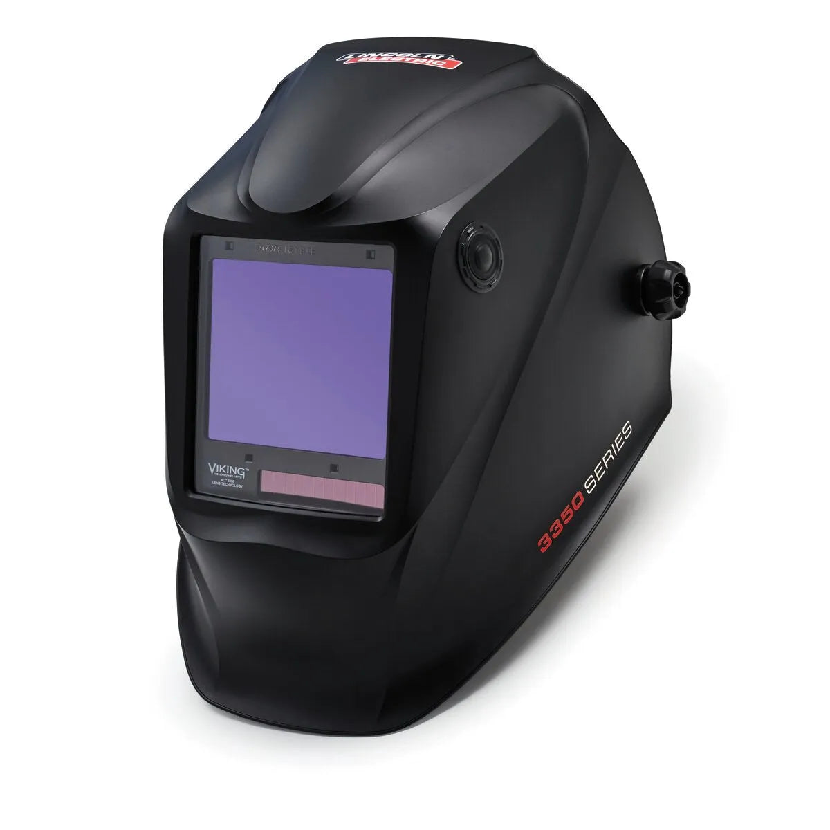 The Lincoln VIKING 3350 Black Welding Helmet - K3034-4 features a large auto-darkening lens, rounded top, side adjustment knob, “3350 SERIES” in red, and a matte finish for full-face and head protection.