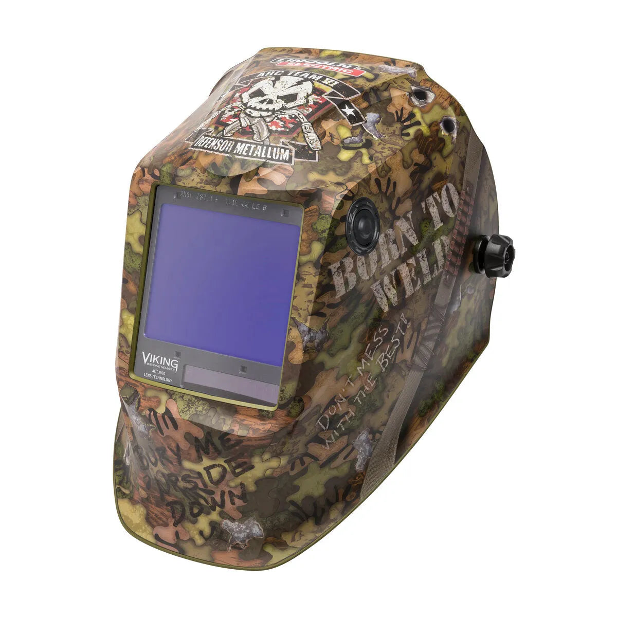 The Lincoln VIKING 3350 Born To Weld Welding Helmet (K3616-4) has a camouflage pattern, skull graphics, “BORN TO WELD” text, graffiti phrases, a large auto-darkening lens, side adjustment knobs, and a Viking logo below the lens.
