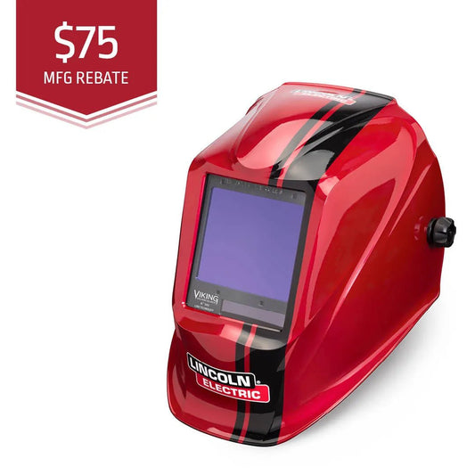 A Lincoln VIKING 3350 Code Red Welding Helmet (K4034-4) with a large auto-darkening lens, contoured design, and side knob is shown. A $75 MFG REBATE label is displayed in the top left corner on a red background.