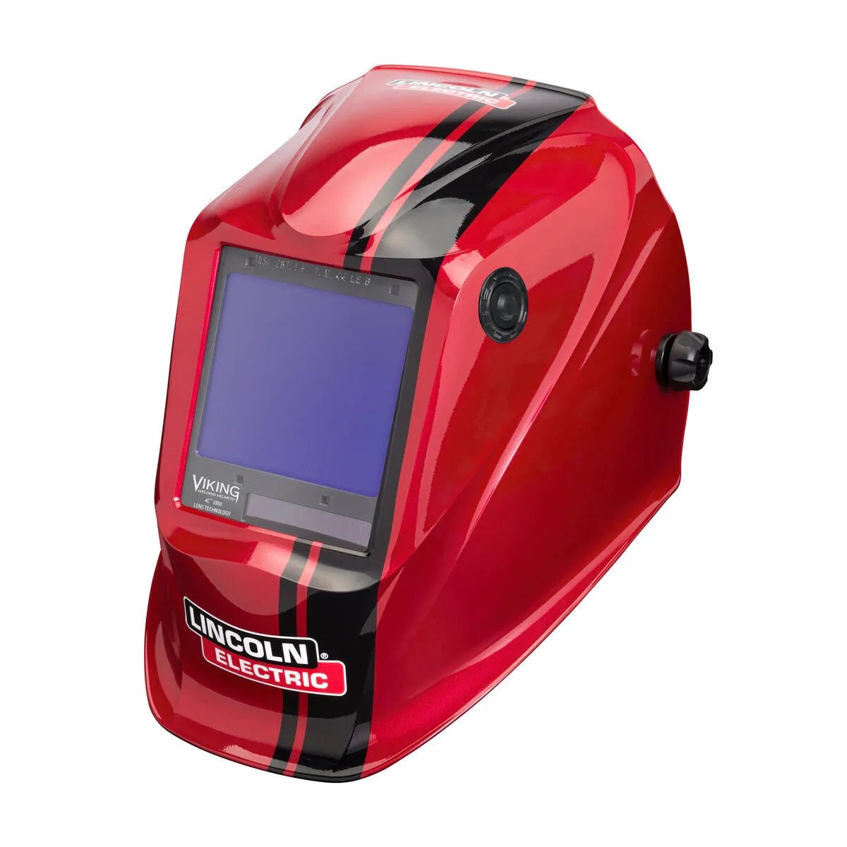The Lincoln VIKING 3350 Code Red Welding Helmet (K4034-4) features a glossy red and black finish, large auto-darkening lens, side adjustment knob, and displays the Lincoln Electric logo on the front against a white background.