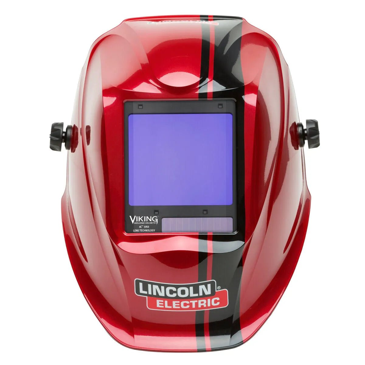 The Lincoln VIKING 3350 Code Red Welding Helmet (K4034-4) is red with black and white stripes, features a large auto-darkening lens, side adjustment knobs, and the Lincoln Electric logo below the lens.