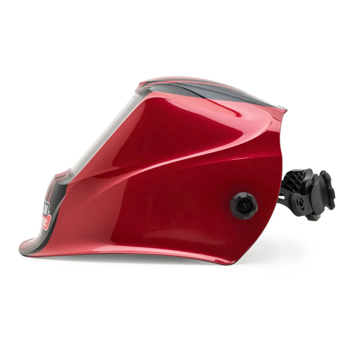 A Lincoln VIKING 3350 Code Red Welding Helmet (K4034-4) is shown in profile, facing left. It has a glossy red, angular design with a slightly tinted auto-darkening lens and a black adjustable headgear knob at the back.