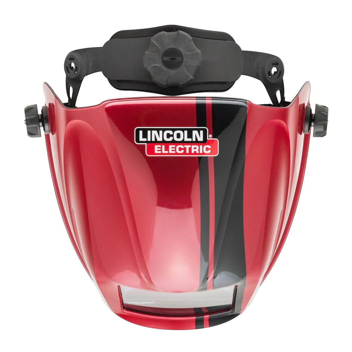 The Lincoln VIKING 3350 Code Red Welding Helmet (K4034-4) features a red glossy finish, black vertical stripe, LINCOLN ELECTRIC logo at the top, black adjustable headgear, and an auto-darkening lens for clear protection.