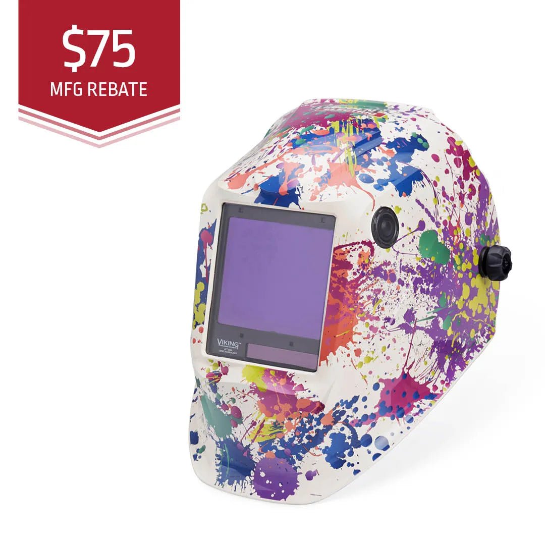 The Lincoln VIKING 3350 Creative Spark Welding Helmet - K5134-4 is shown with a colorful paint-splatter design, large lens, and advanced 4C Lens Technology. A red $75 MFG REBATE banner appears in the top left with white text and decorative lines.