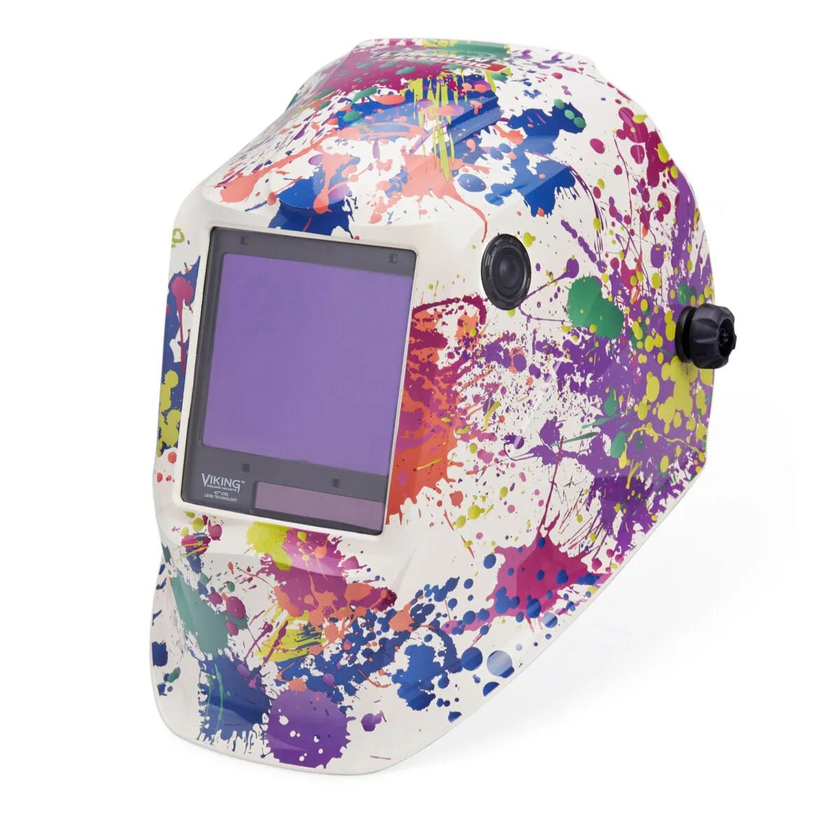 The Lincoln VIKING 3350 Creative Spark Welding Helmet (K5134-4) features a large rectangular 4C lens, vibrant paint splatter design in pink, green, blue, yellow, and purple, side adjustment knobs, and “VIKING” branding below the lens.