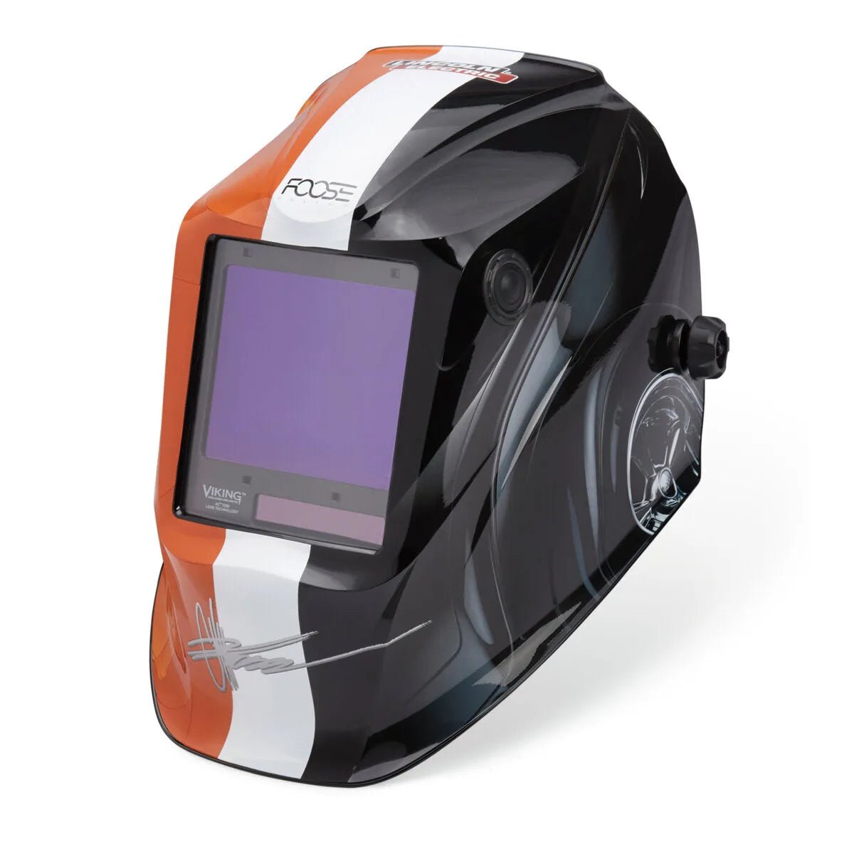 The Lincoln VIKING 3350 Foose Monarch Welding Helmet (K5133-4) features an auto-darkening lens, large viewing window, glossy black finish with white and orange racing stripes, silver signature graphics, chrome accents, and a modern ergonomic design.