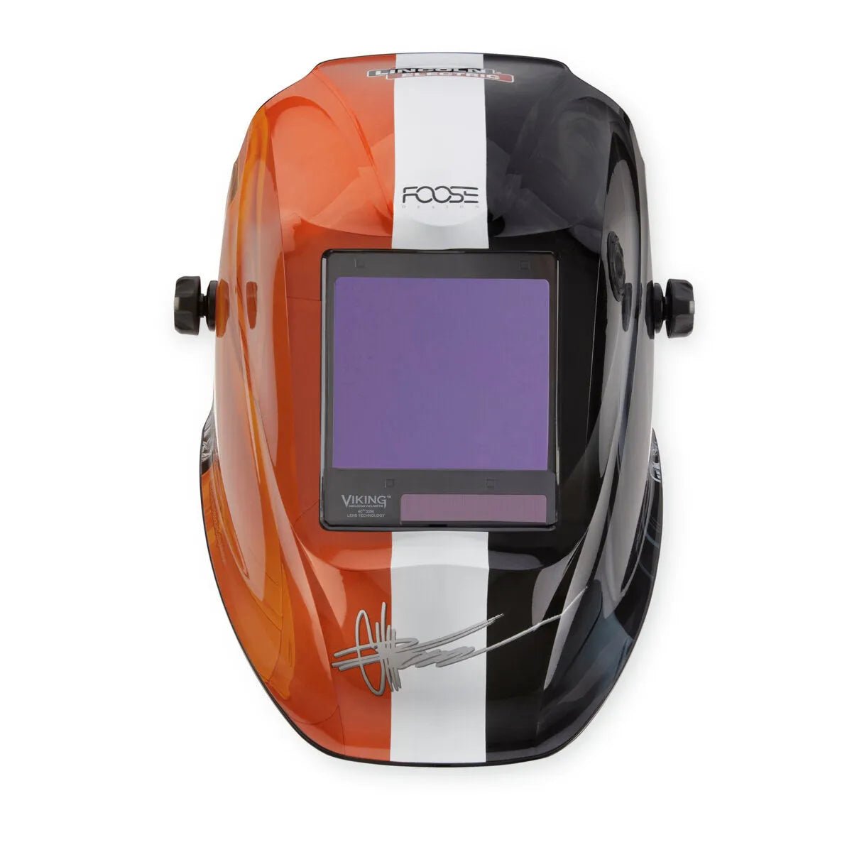 The Lincoln VIKING 3350 Foose Monarch Welding Helmet (K5133-4) features a front-facing auto-darkening lens, glossy orange on the left, black on the right, and a white center stripe, with “FOOSE” and a signature near the top and bottom.