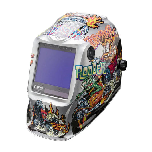 The Lincoln VIKING 3350 Hot Rodders Welding Helmet - K4440-4 features a large auto-darkening lens, vibrant hot rod and monster graphics, and advanced 4C Lens Technology for clear vision.