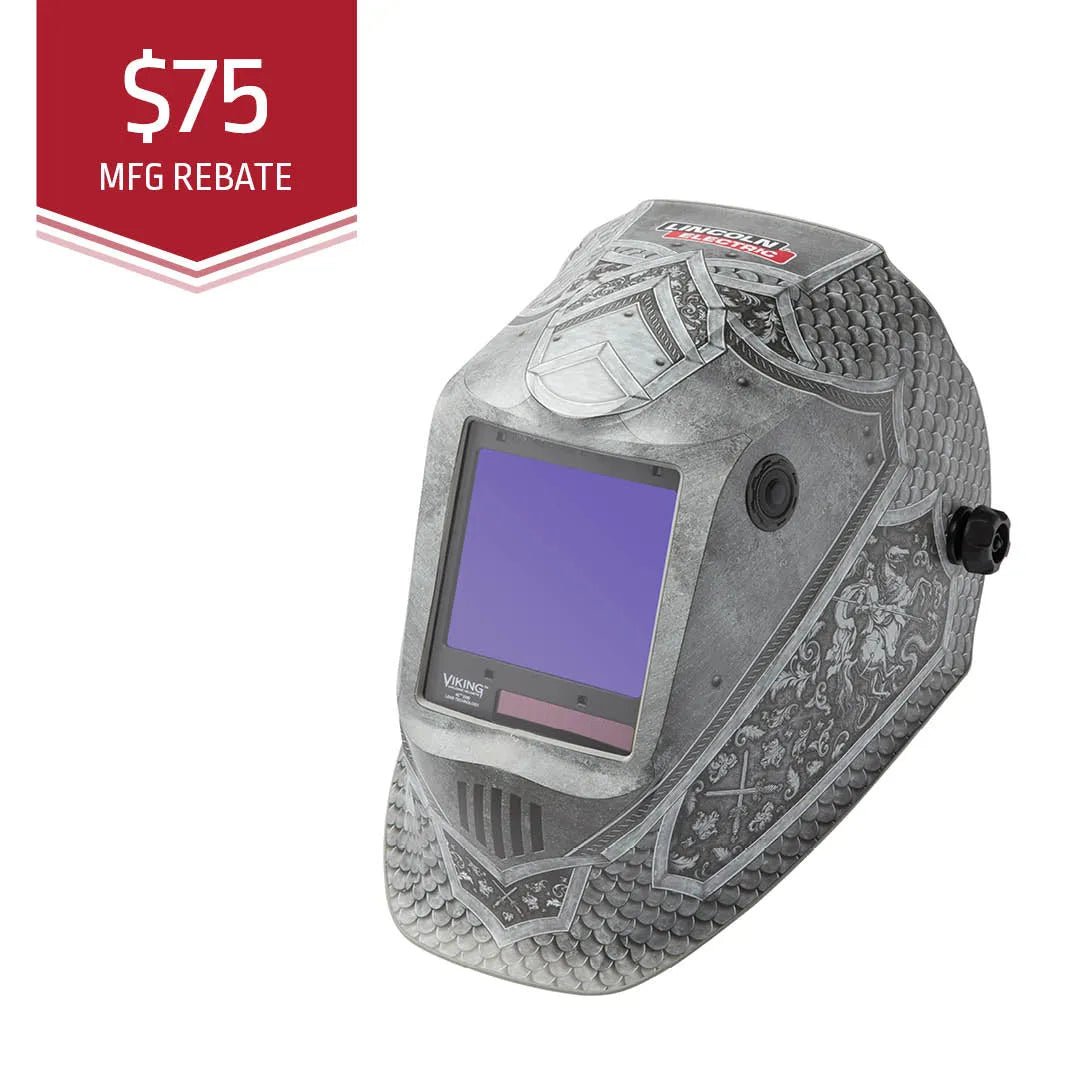 The Lincoln VIKING 3350 Medieval Welding Helmet - K4671-4 is shown angled, featuring detailed knight graphics and a large auto-darkening lens. A red top-left badge displays $75 MFG REBATE in white text above two chevrons.