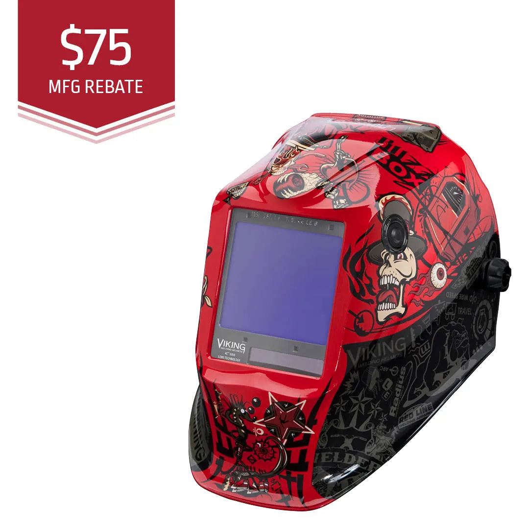 The Lincoln VIKING 3350 Mojo Welding Helmet - K3101-4 features striking black and red graphics, a large auto-darkening lens for clear visibility, and a $75 manufacturer rebate shown in the top left corner on a bright red banner.