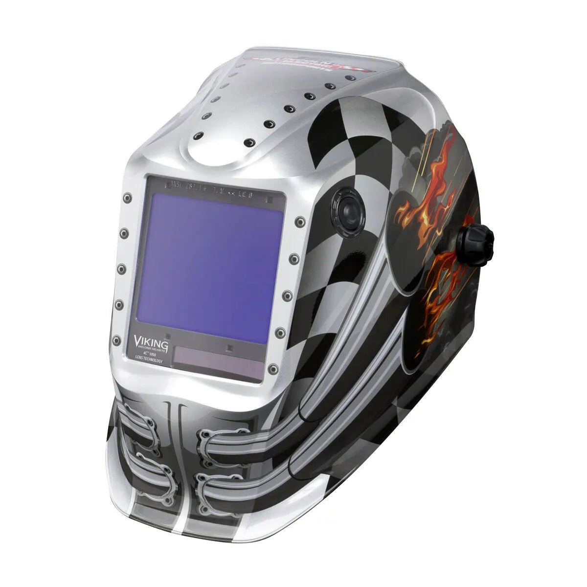 The Lincoln VIKING 3350 Motorhead Welding Helmet - K3100-4 features a large auto-darkening lens, silver and black finish, flame and checkered flag designs on the sides, top vent holes, and an adjustment knob on the right.