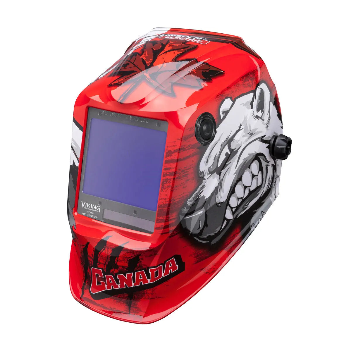 The Lincoln VIKING 3350 Polar Arc Welding Helmet (K3255-4) is red with a large auto-darkening lens, bold “CANADA” on front, aggressive white dog artwork, black claw marks, and the Viking logo below the viewing window.