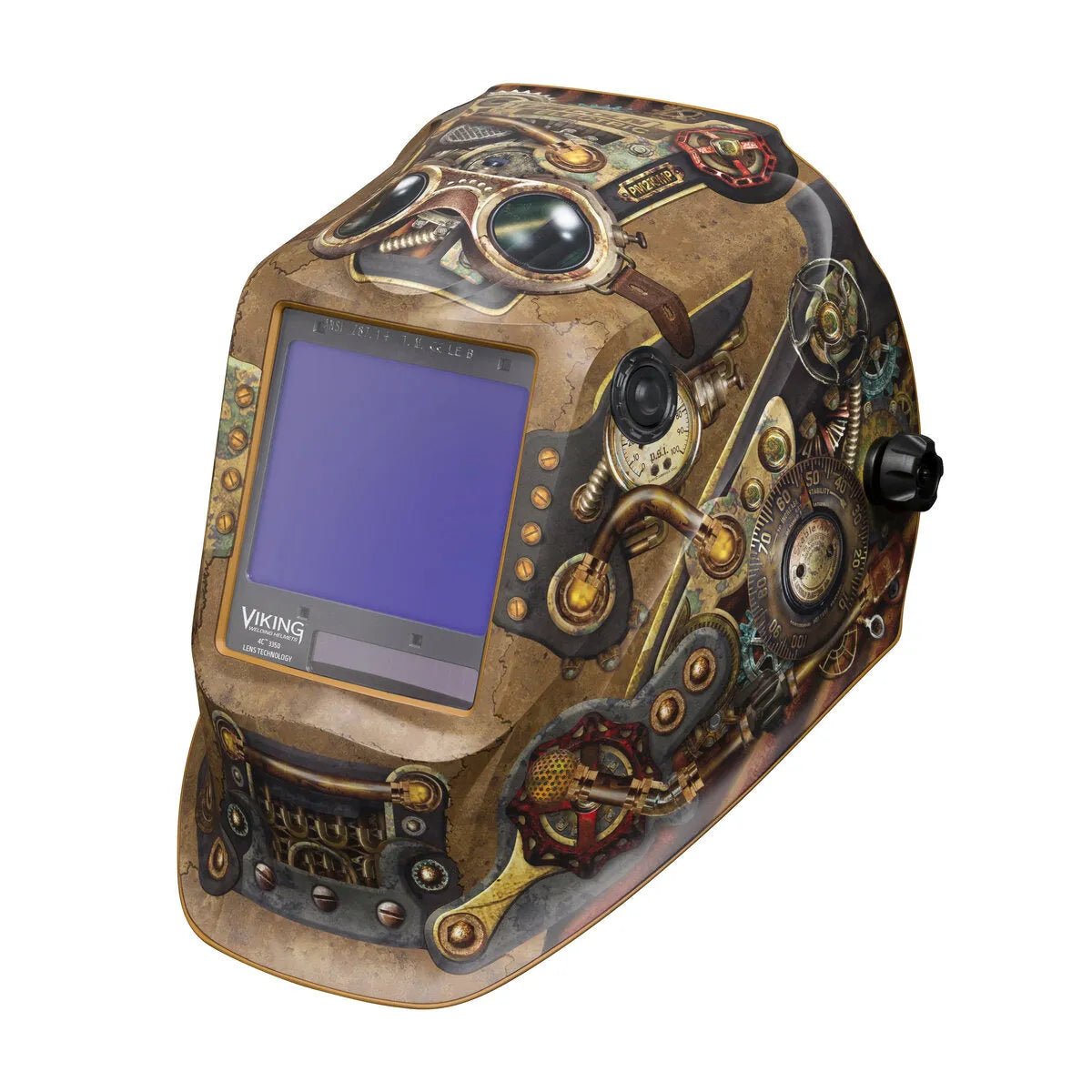 The Lincoln VIKING 3350 Steampunk Welding Helmet - K3428-4 features a large blue-tinted screen, intricate bronze gears, cogs, goggles artwork, advanced 4C Lens Technology, and the Viking brand below the viewing screen.