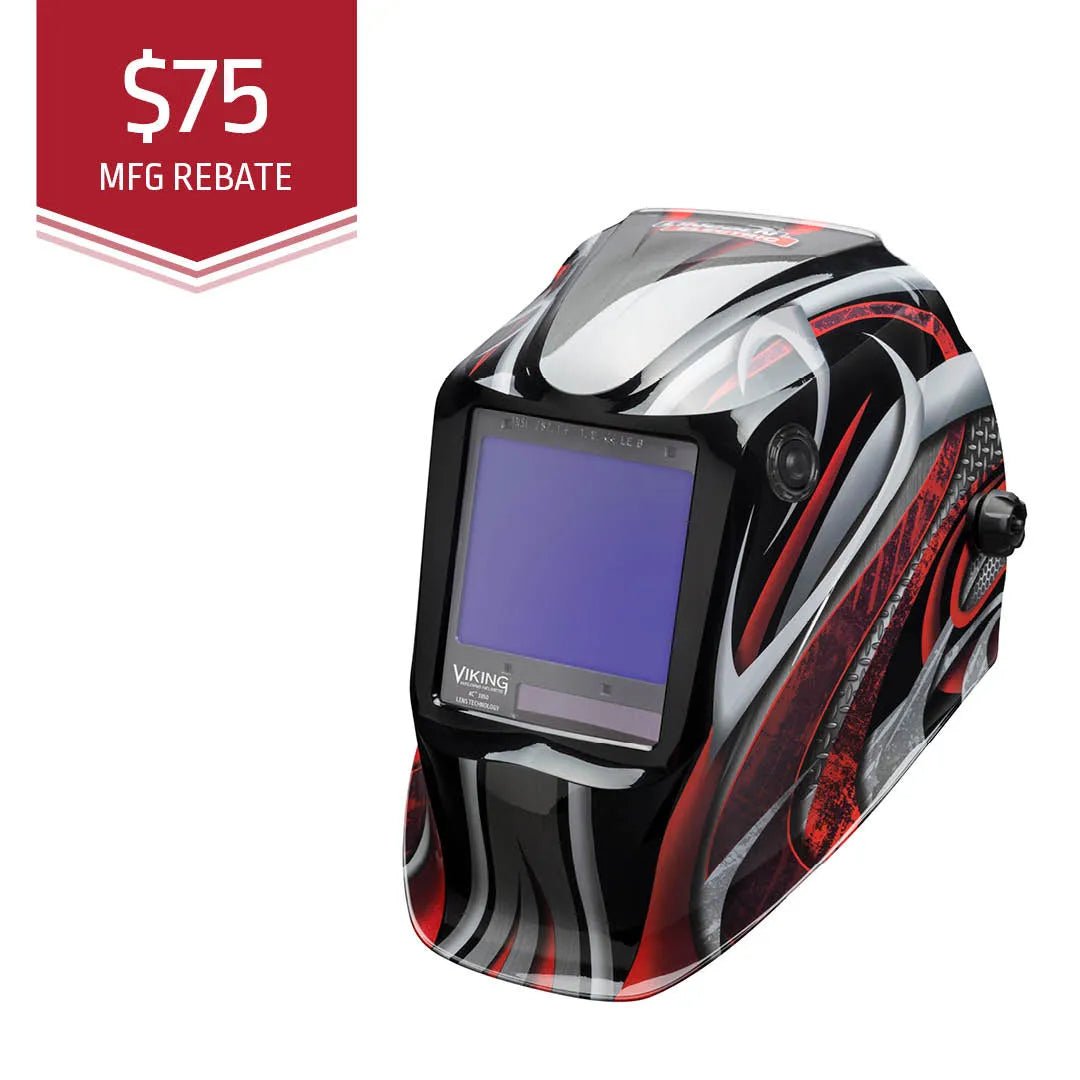 The Lincoln VIKING 3350 Twisted Metal Welding Helmet - K3248-4 features black, red, and silver swirling graphics, a large auto-darkening lens, and a $75 MFG REBATE banner in the upper left corner. VIKING is branded below the window.