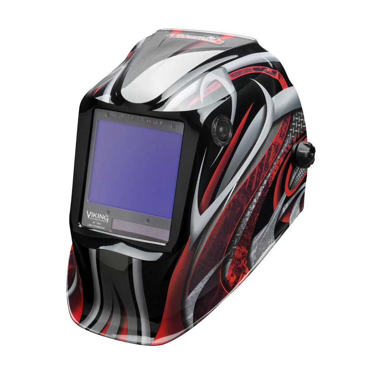 The Lincoln VIKING 3350 Twisted Metal Welding Helmet - K3248-4 features a large auto-darkening lens with 4C Lens Technology and a bold, glossy design with swirling black, white, red, and gray patterns plus a right-side knob below the VIKING logo.