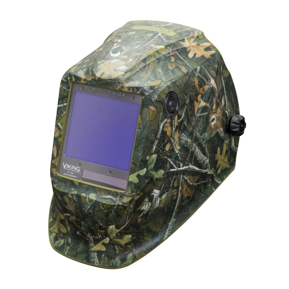 The Lincoln VIKING 3350 White Tail Camo Welding Helmet (K4412-4) features a leaf-and-branch camo design, a large rectangular lens with 4C Lens Technology, clear branding below the lens, and side knobs for fitting and auto-darkening control.