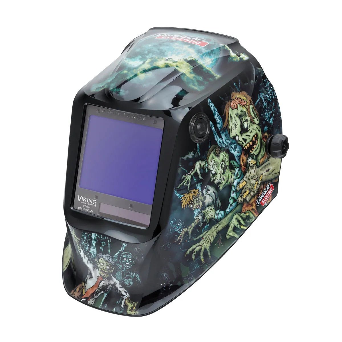 The Lincoln VIKING 3350 Zombie Welding Helmet - K4158-4 features a large auto-darkening lens, 4C Lens Technology, and striking green zombie artwork with lightning, plus the Lincoln Electric logo near the side knob.