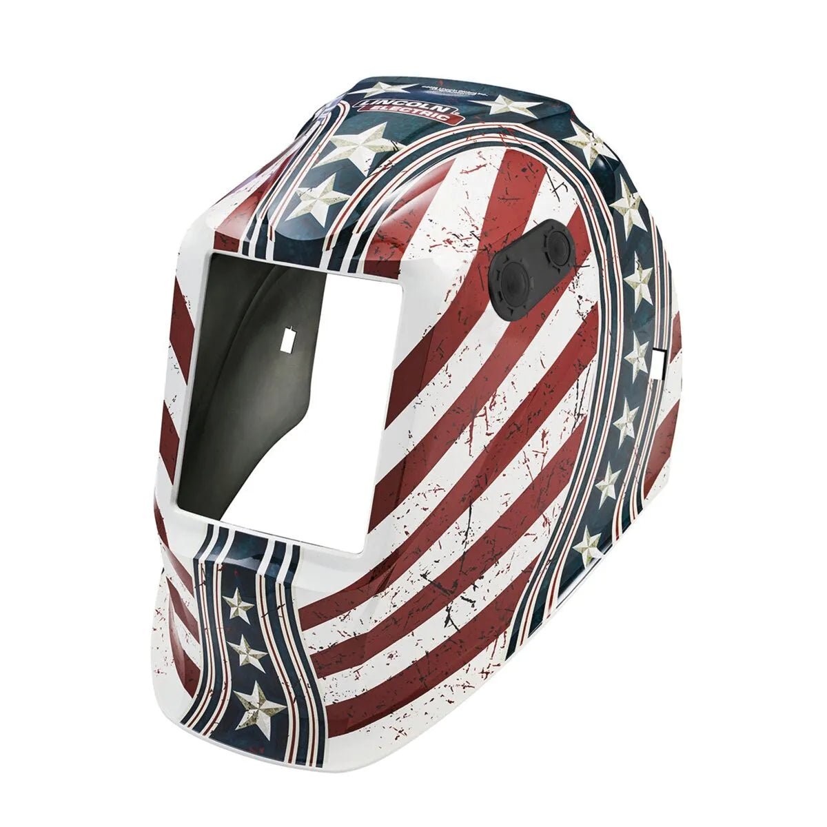 The Lincoln VIKING 3350/2450 5th Gen Daredevil Replacement Shell (KP4576-2) is a hard hat compatible welding helmet with a distressed American flag design, large rectangular viewing window, ergonomic curved shape, and black side adjustment knobs.