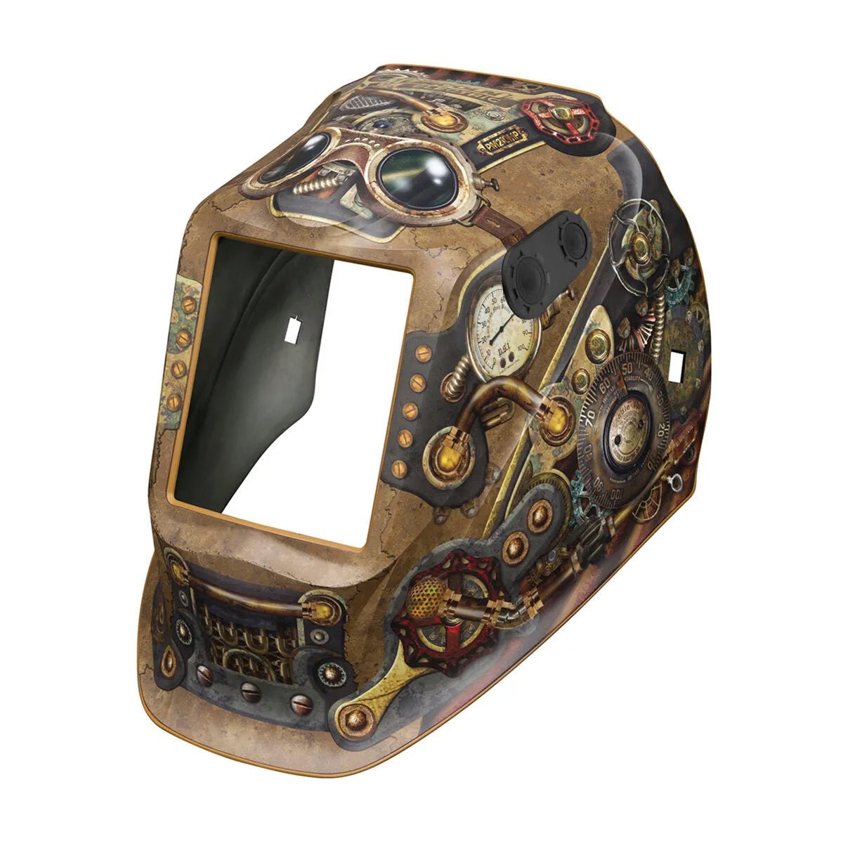 The Lincoln VIKING 3350/2450 5th Gen Steampunk Replacement Shell (KP4574-2) features a brown and bronze metallic look with gears, pipes, gauges, and goggles for hard hats; its rectangular window and weathered finish highlight steampunk style.