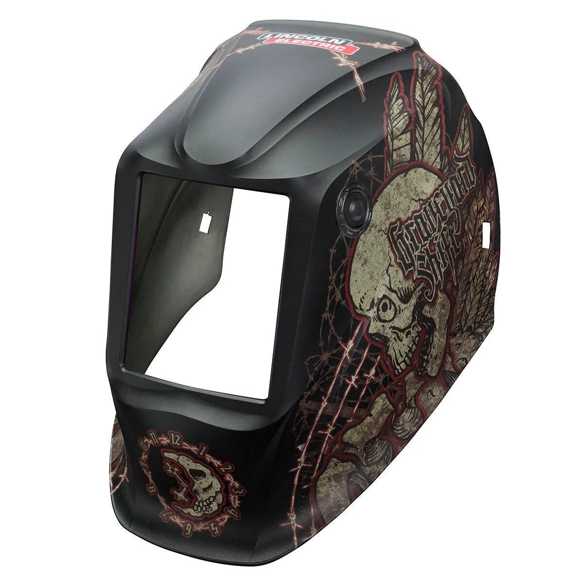 Lincoln VIKING 3350/2450 Graveyard Shift KP4564-1 black welding helmet shell with skull, barbed wire, large viewing window.
