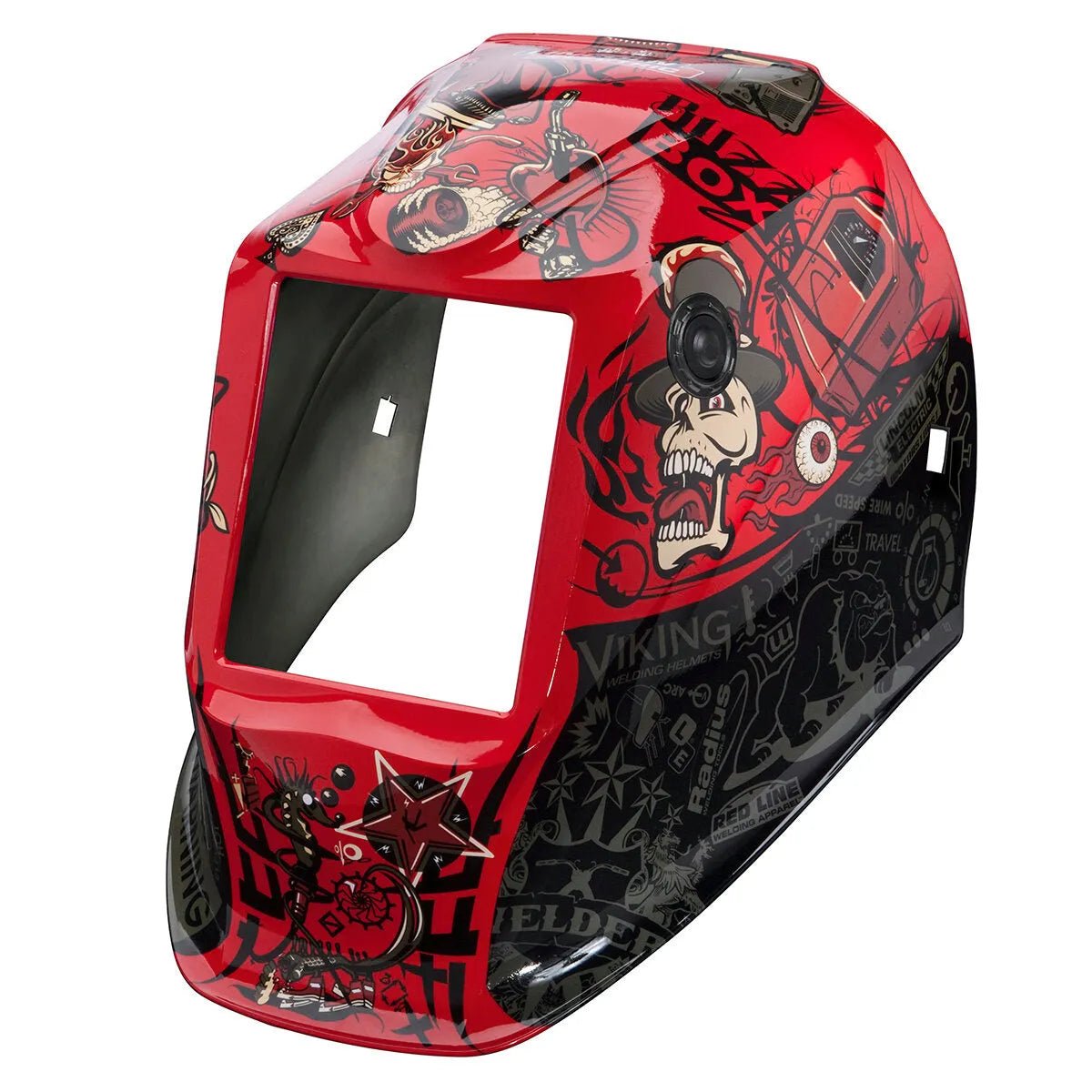 Lincoln VIKING 3350/2450 Mojo welding helmet shell KP4570-1, red/black, skull/fire graphics, large lens, glossy finish.