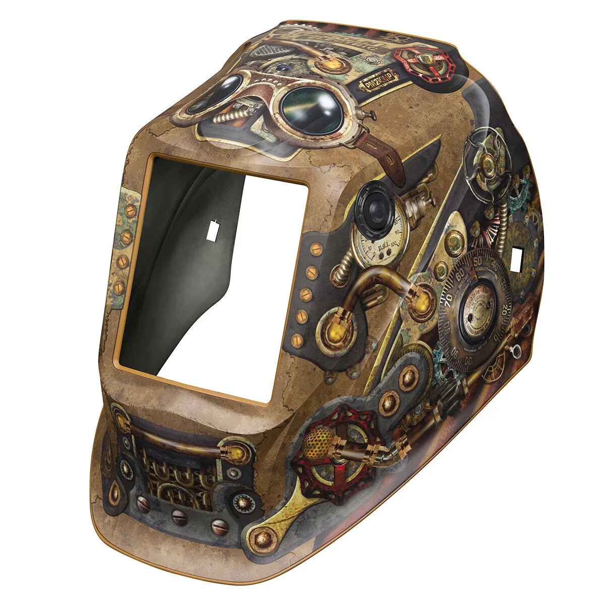 Lincoln VIKING 3350/2450 Steampunk Replacement Shell KP4574-1 with bronze gear design, ideal welding helmet upgrade accessory.