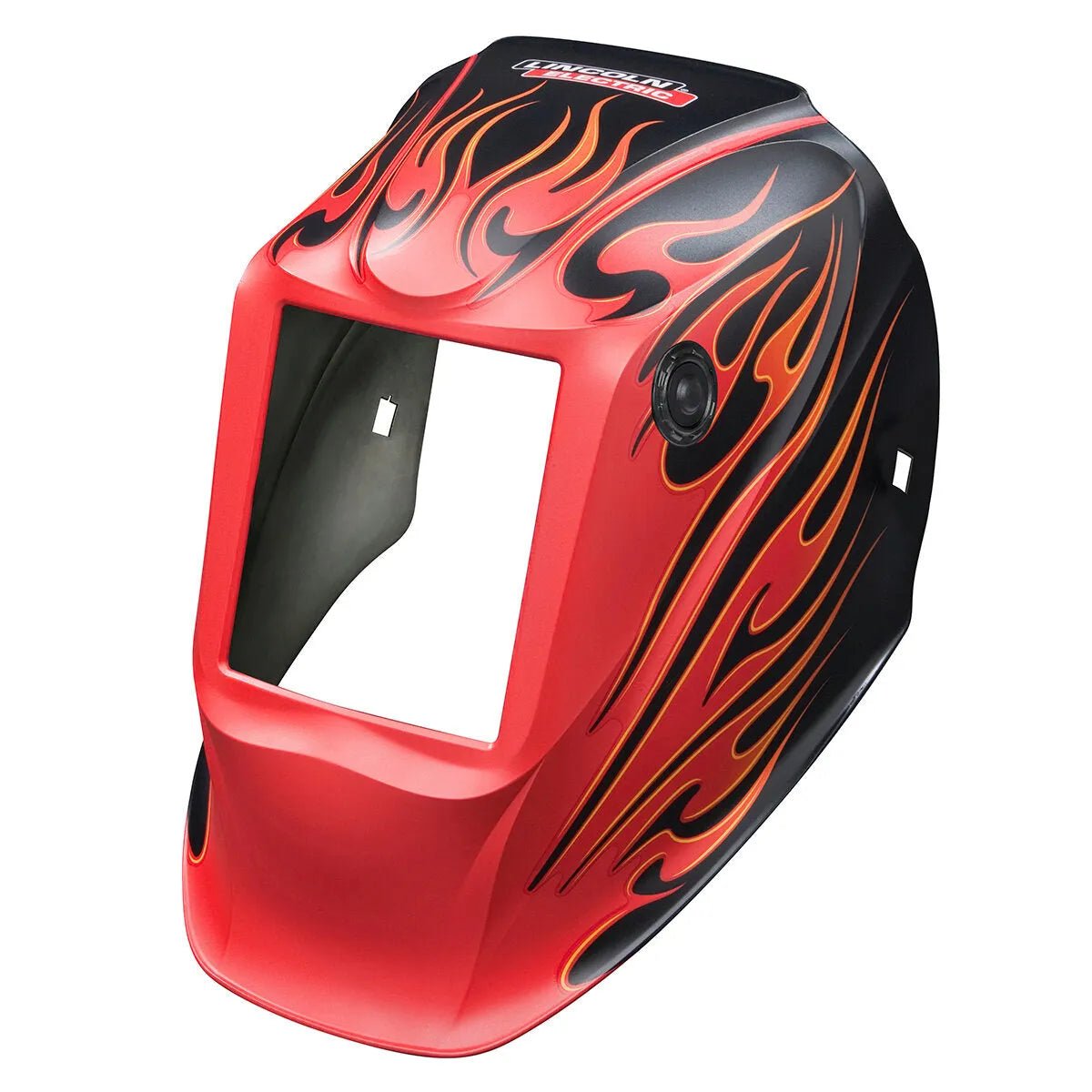 Lincoln VIKING 3350/2450 Street Rod welding helmet shell KP4563-1 with red-black finish, open window, orange-yellow flame design.