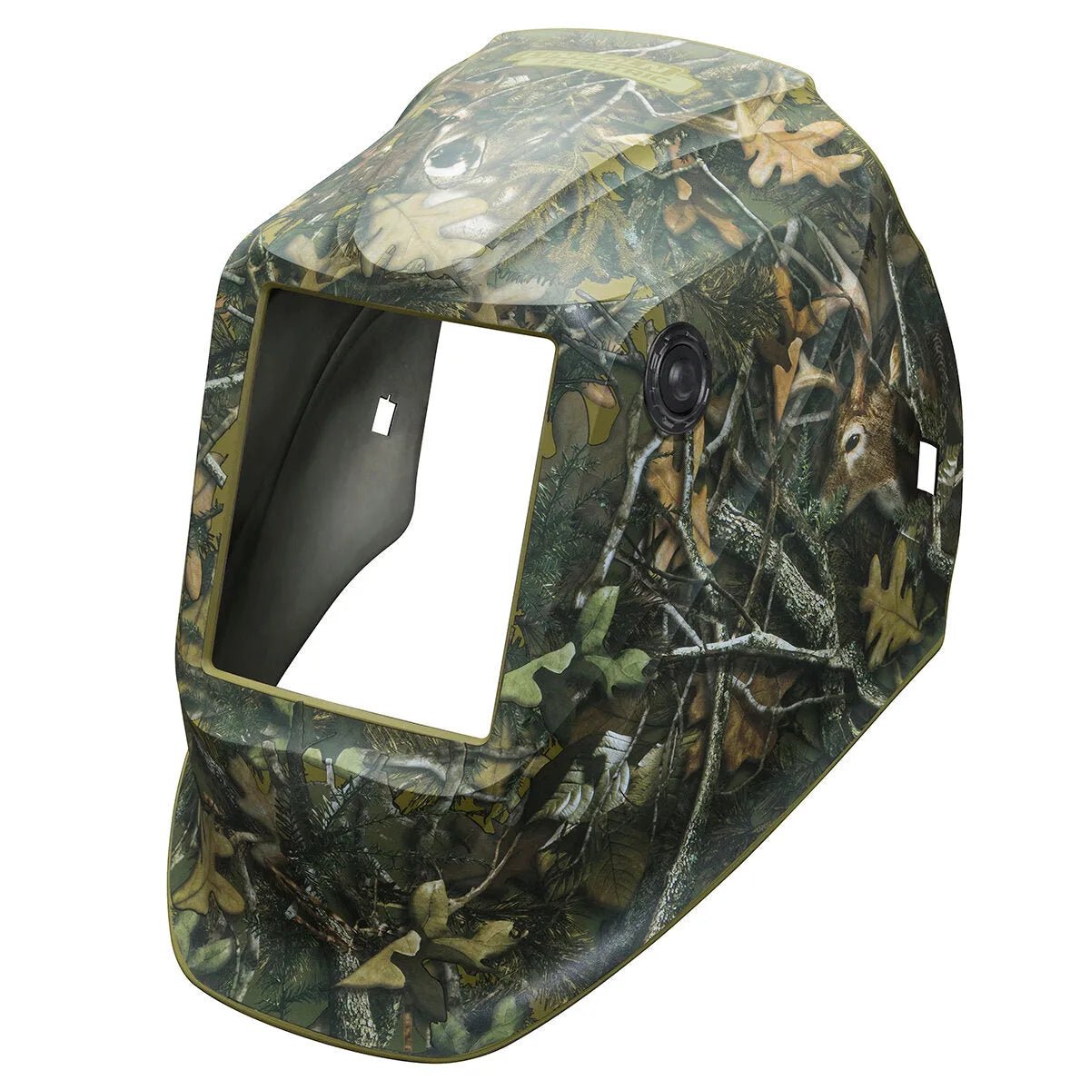 Lincoln VIKING 3350/2450 White Tail Camo KP4566-1 nylon welding helmet shell with viewing window, camo leaf and branch design.