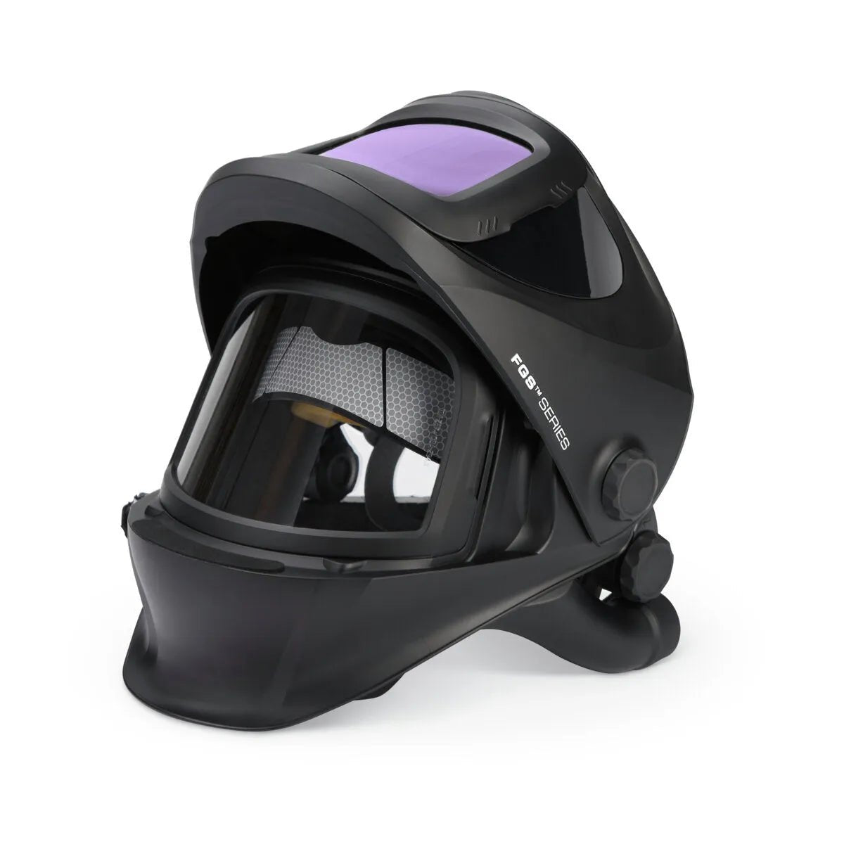 The Lincoln VIKING FGS Hard Hat Helmet Assembly - KP4474-3 features a large, clear viewing area with a purple auto-darkening lens, contoured design, side knob adjustment, and provides full face and neck protection for advanced welder safety.