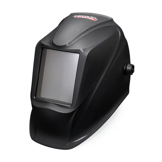 The Lincoln VIKING Industrial Passive Black Welding Helmet (K3371-1) features a large rectangular Shade-11 lens, adjustable side knob, and smooth curved surface. It is shown angled to the right on a plain white background.