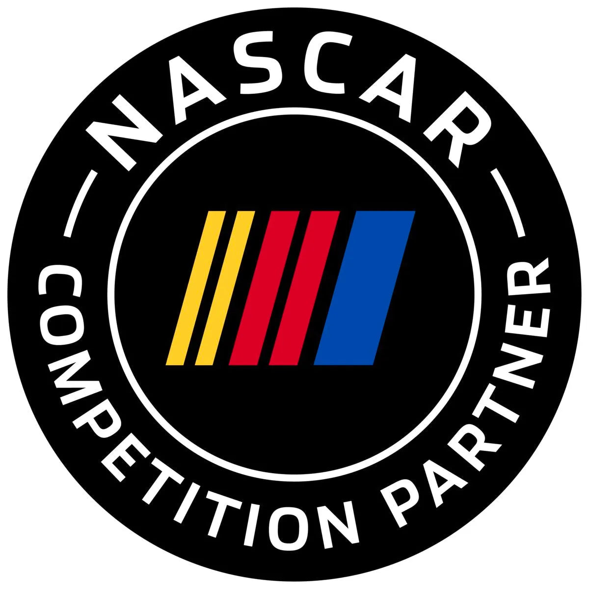 A black circular logo with “NASCAR COMPETITION PARTNER” in white around the edge. In the center are four diagonal bars, like those on a Lincoln VIKING Industrial Passive Black Welding Helmet - K3371-1.