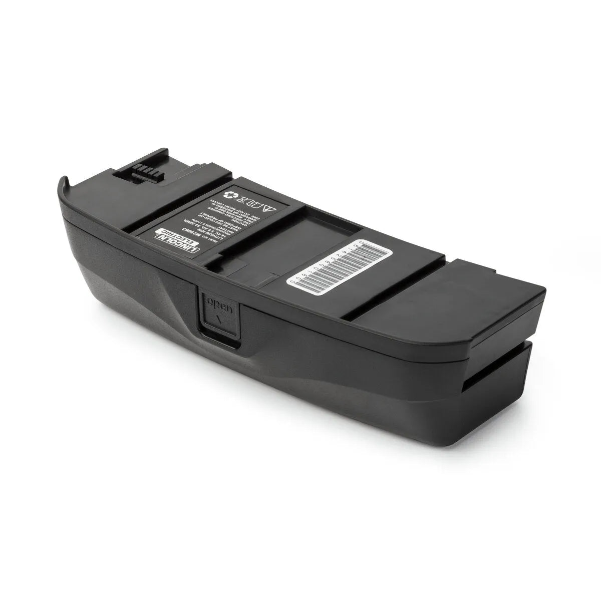 Lincoln VIKING PAPR Extended Battery KP3938-1 for 3350 Welding Helmet, lithium-ion, black, connectors, barcode, white background.