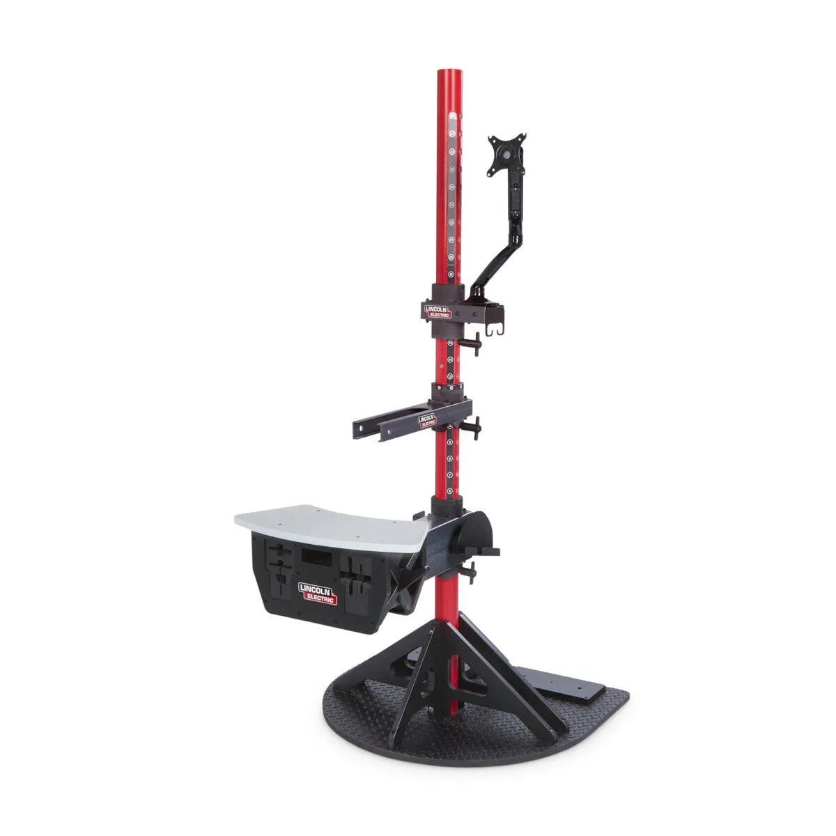 Lincoln VRTEX 360 Compact Stand Kit K4916-1: red/black welding simulator stand with clamp, tool tray, and sturdy base.