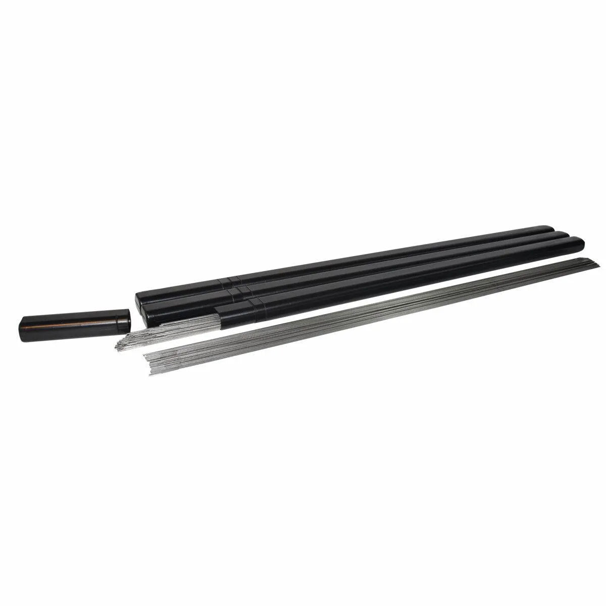 Lincoln CARBOROD W000289159 2.4mm TIG Welding Rods, 5kg tube open with rods displayed on white—WeldingMart welding supplies.