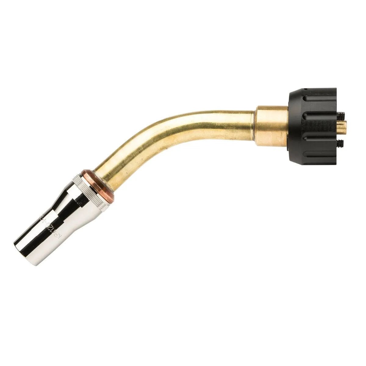 The Lincoln Water-Cooled Extension Length Gooseneck 60⁰ KP4403-60-6L features a brass body, silver nozzle tip, and black plastic connector with threaded fittings for fuel source attachment. Ideal for soldering or welding on a plain white background.