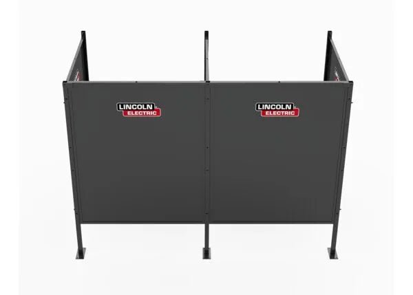 The Lincoln Weld Booth Only, 5 Ft Dual K5543-2 features two black metal panels labeled Lincoln Electric in red and white, heavy-duty steel construction, and four vertical legs, shown from the front against a white background.