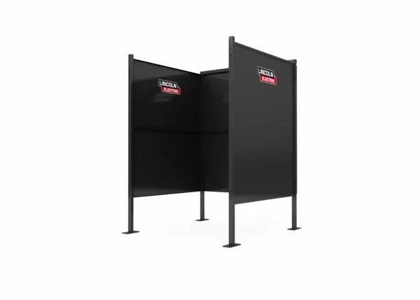 The Lincoln Weld Booth Only, 5 Ft Single K5543-1 is a freestanding black booth with three solid U-shaped panels, heavy-duty steel construction, four square-footed legs, and the Lincoln Electric logo—shown against a plain white background.