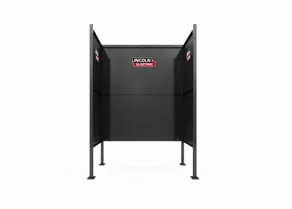 The Lincoln Weld Booth Only, 5 Ft Single K5543-1 features heavy-duty black steel, three solid side panels, an open front with four legs, and displays the “Lincoln Electric” logo on the center back and side panels against a plain white background.