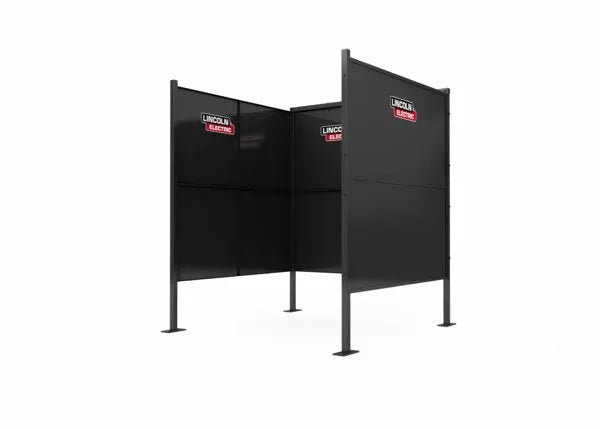 A Lincoln Weld Booth Only, 6 Ft Single (K5543-3), black and three-sided with Lincoln Electric logos on each panel. Made of heavy-duty steel with tall solid walls, open top and end, and four legs with square bases; shown on a plain white background.